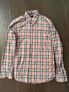 J. Crew Men's Pink and Navy Plaid Button-Down Shirt - Medium